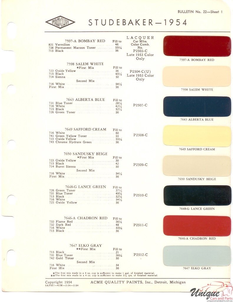 1954 Studebaker Paint Charts Acme 1